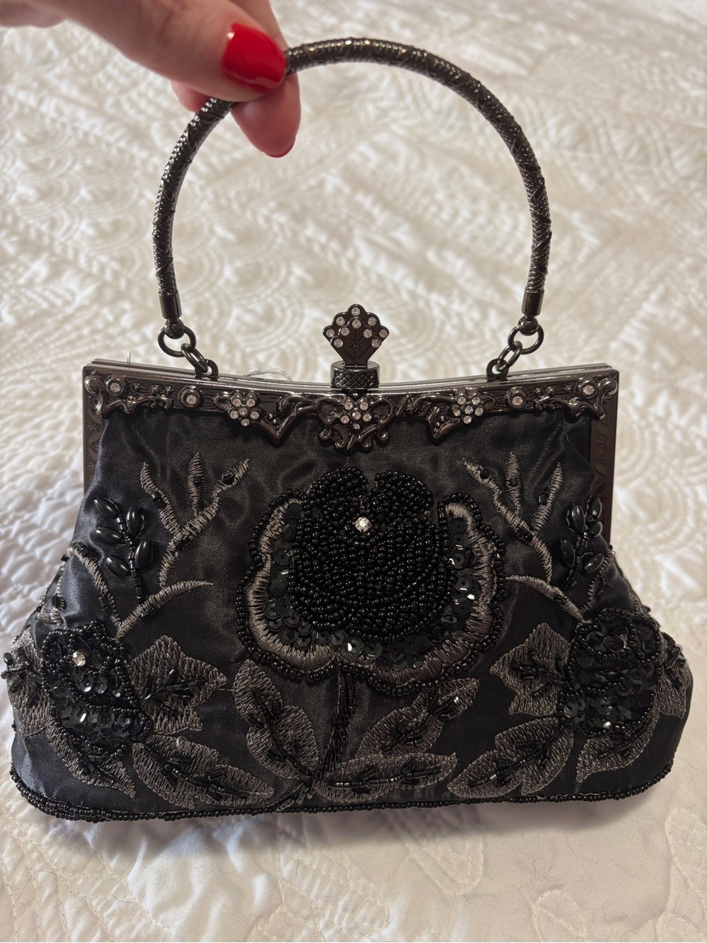 Vintage Black Beaded Floral Chain Purse Evening Bag with Handle